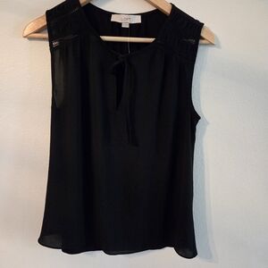 Loft Black Sleeveless Blouse Tank Top Lace Trim Tie Neck Womens Size XS